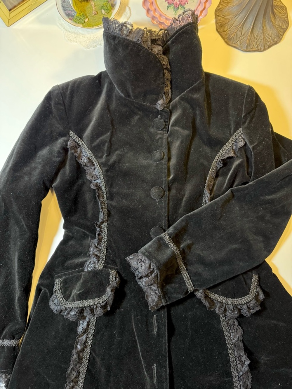Spin Doctor Black Velvet Lace-Trimmed Goth Steampunk Victorian Coat - Picture 10 of 16